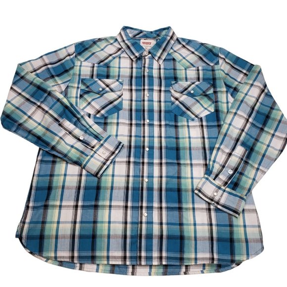 Levis Shirt Adult Extra Large Blue Plaid Snap Button Up Long Sleeve Western Mens